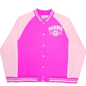 Barbie Collegiate Logo Let’s Go adult Bomber Jacket, Button-Down Varsity Jacket